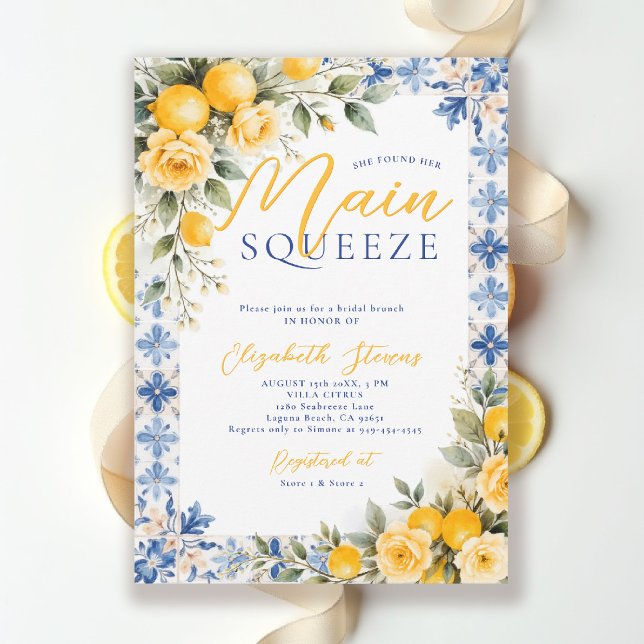 Invitation Main Squeeze Lemon Blue Italian Bridal Shower  (main squeeze bridal shower lemon italian theme mediterranean blue invitation summer brunch)