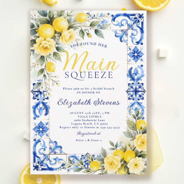 Invitation Main Squeeze Lemon Blue Tile Floral Bridal Shower  (main squeeze bridal shower lemon italian theme mediterranean blue tile invitation summer brunch)