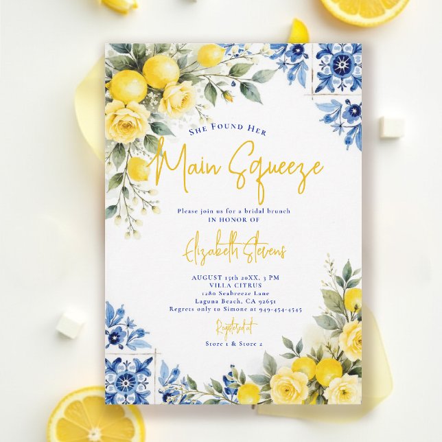 Invitation Main Squeeze Lemon Blue Tiles Roses Bridal Shower  (main squeeze bridal shower lemon italian theme mediterranean blue tile invitation summer)