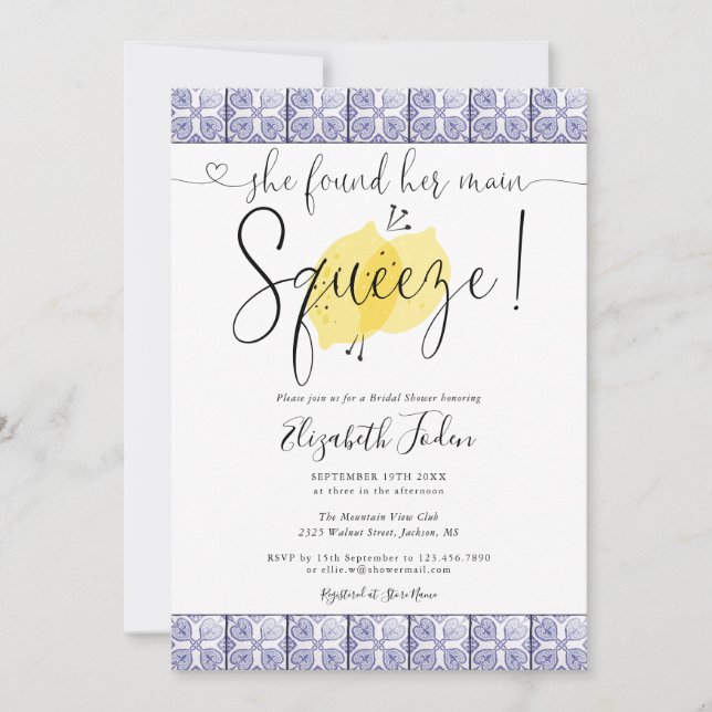 Invitation Main Squeeze Lemons Tiles Monogram Fête des mariée (Devant)