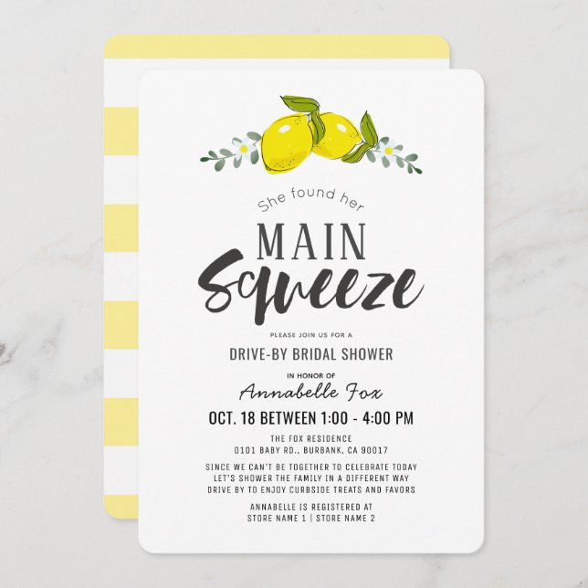 Invitation Main Squeeze Simple Lemon Drive-by Fête des mariée (Devant / Derrière)