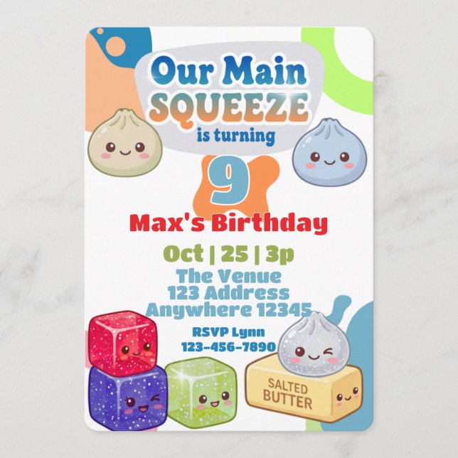 Invitation Main Squeeze Squishy Anniversaire Bleu Orange (Devant)