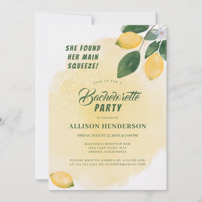 Invitation Main Squeeze Watercolor Lemons Bachelorée Party (Devant)