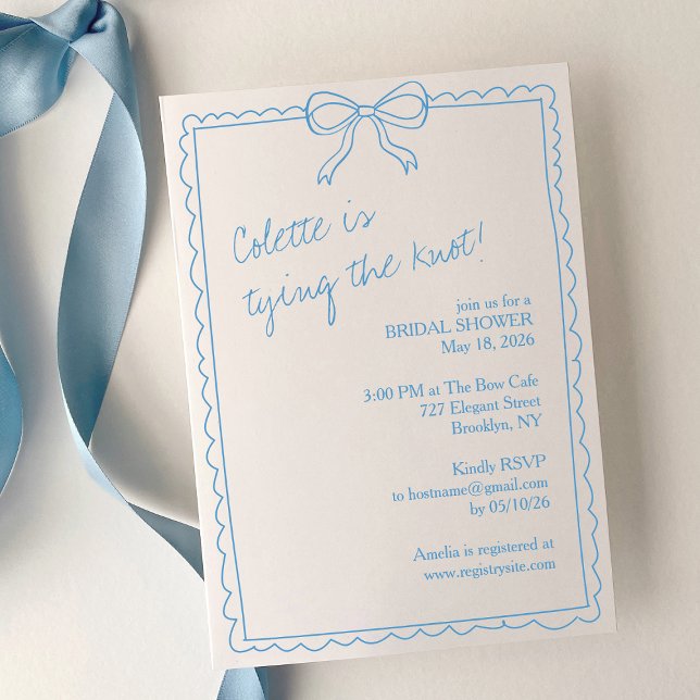 Invitation Main tiré Bow Chic Quelque chose Fête des mariées  (Chic, refined, and customizable—this blue bridal shower invite is perfect for a trendy bride-to-be!)