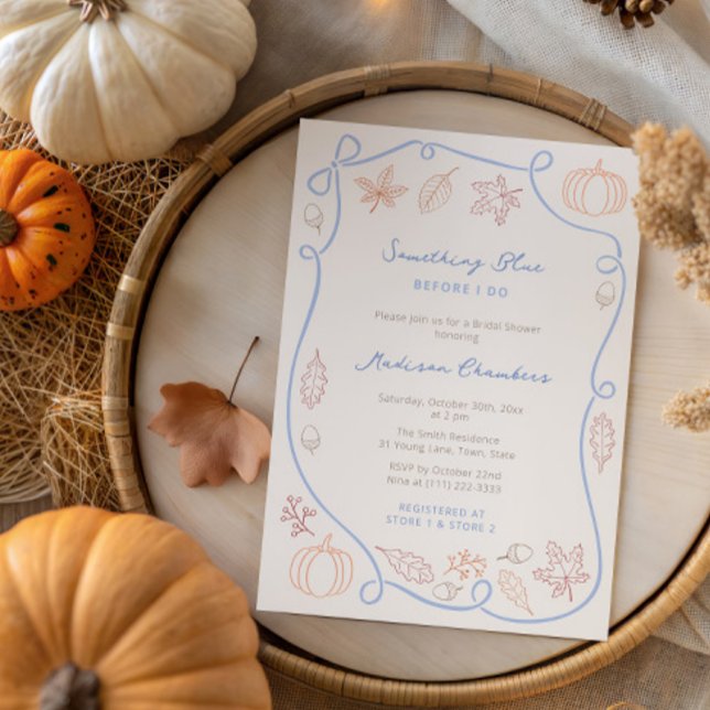 Invitation Main tiré quelque chose Fête des mariées de chute  (Fall-theme Something Blue Bridal Shower invitation featuring hand drawn pumpkins and autumn leaves)