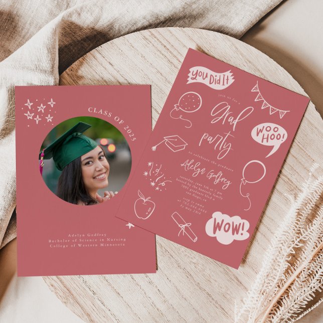 Invitation Main tirée Quirky Pink Graduation Party (Créateur téléchargé)