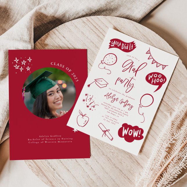 Invitation Main tirée Quirky Red Graduation Party (Créateur téléchargé)