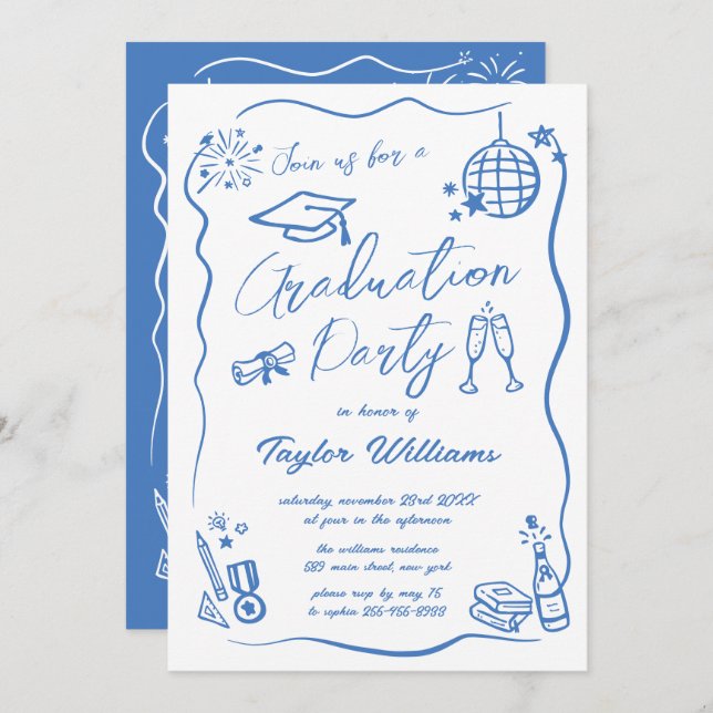 Invitation Main Tirée Quirky Whimsy Doodles Graduation Party (Devant / Derrière)
