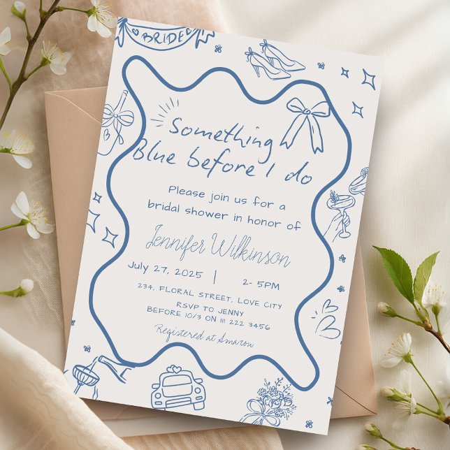 Invitation Main Tirée Rétro Quelque Chose Fête des mariées Bl (Hand Drawn Retro Something Blue Bridal Shower Invitation)