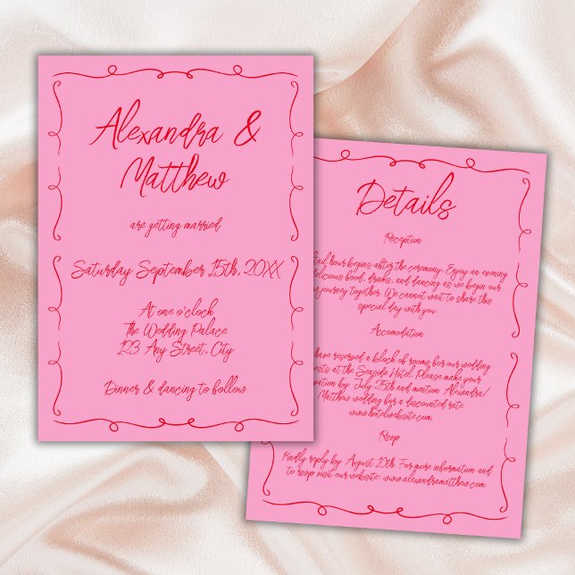 Invitation Main Tirée Whimsical Rose Et Rouge Mariage Funky (Hand Drawn Whimsical Pink And Red Funky Wedding Invitation bold)