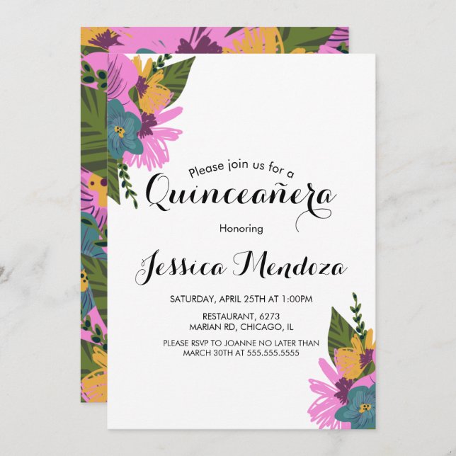 Invitation Main tropicale tirée Floral Quinceañera Sweet 16 (Devant / Derrière)