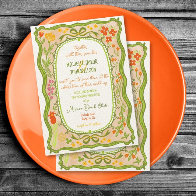 Invitation Main unique Whimsical Floral Bow Doodle tiré (whimsical floral hand drawn frame)