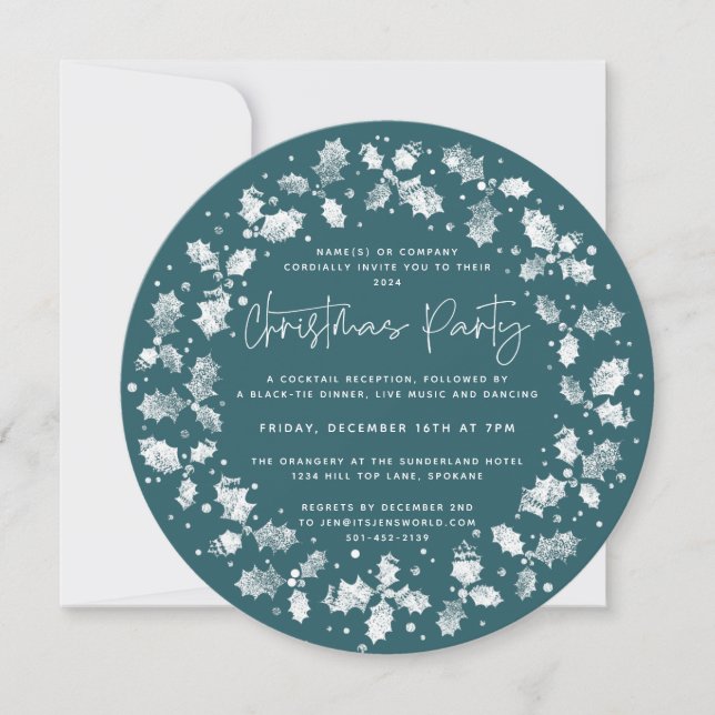 Invitation Main verte imprimée Holly+Berries fête de Noël (Devant)