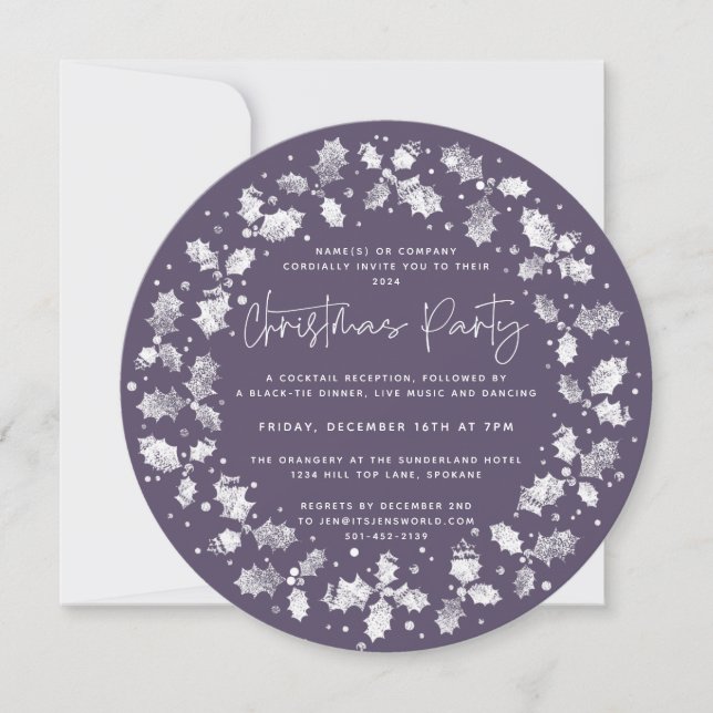 Invitation Main violette imprimé Holly+Berries fête de Noël (Devant)