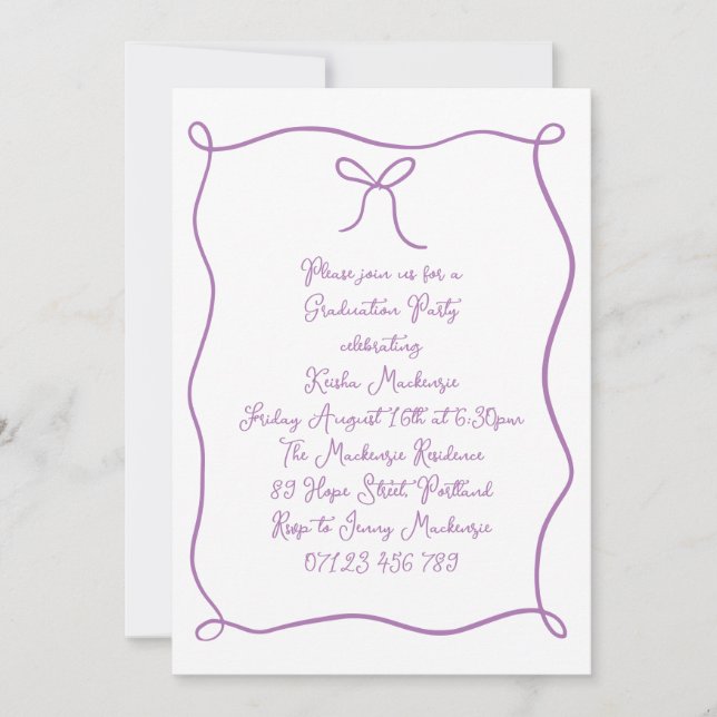 Invitation Main violette tirée Bow Photo Party Graduation (Devant)