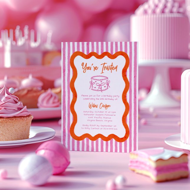 Invitation Main Whimsical dessinée rose et orange Anniversair (Créateur téléchargé)