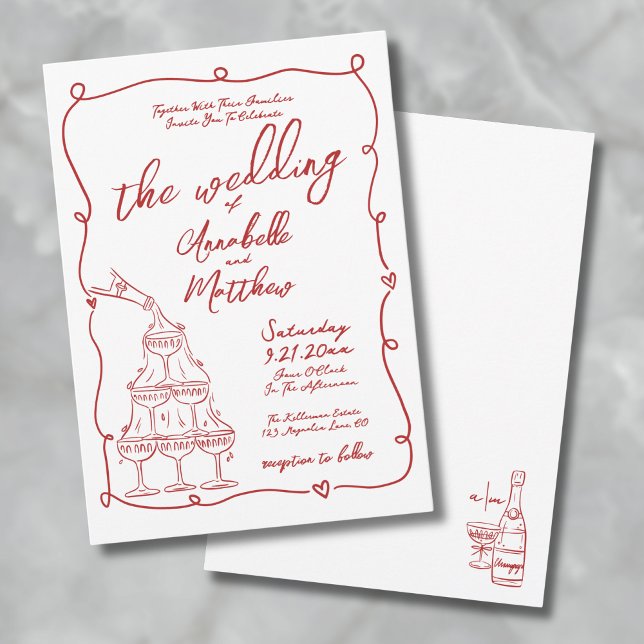Invitation Main Whimsical Rouge tirée Mariage Quirky (Red Whimsical Hand Drawn Quirky Wedding Invitation)