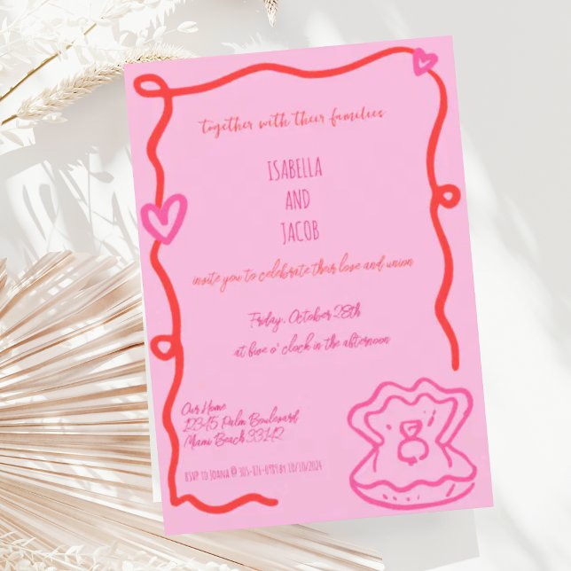 Invitation Main Whimsical Rouge Tirée Mariage Wavy Quirky (Créateur téléchargé)