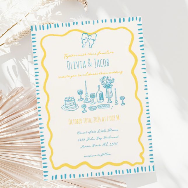 Invitation Main Whimsical tiré Bleu Bow Mariage vague (Créateur téléchargé)