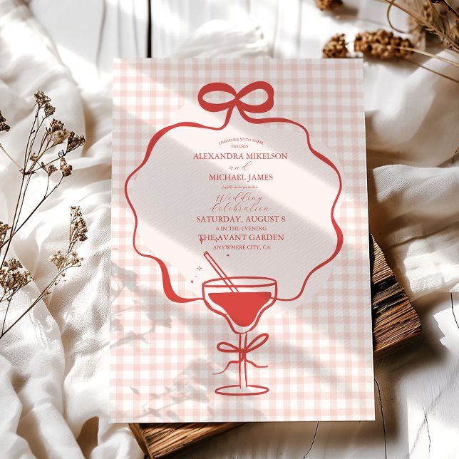 Invitation Main Whimsical tiré Bow rouge Mariage vague (Créateur téléchargé)