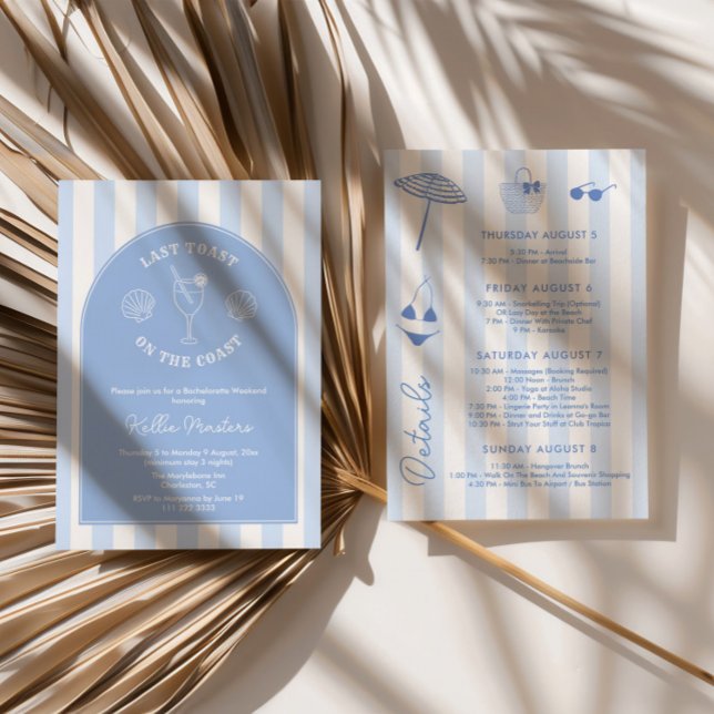 Invitation Main Whimsical Tiré Dernier Toast Sur La Fête Côti (Classy Blue And White Last Toast On The Coast Bachelorette Party Invitations with hand-drawn icons)