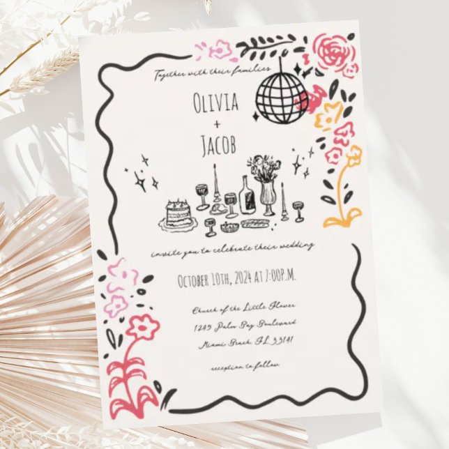 Invitation Main Whimsical tiré floral Scribble Wavy Mariage (Créateur téléchargé)