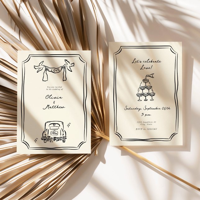Invitation Main Whimsical tiré Mariage noir (Whimsical Hand Drawn Wedding Black Invitation)
