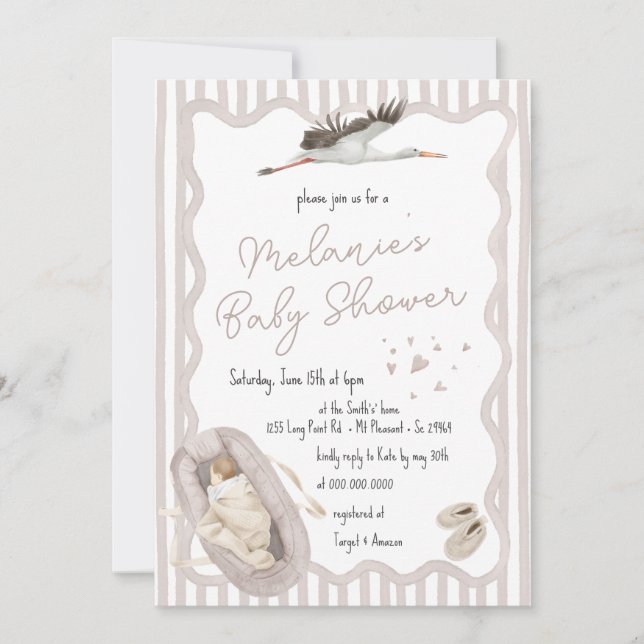 Invitation Main Whimsical Tirée Beige Baby shower neutre (Devant)