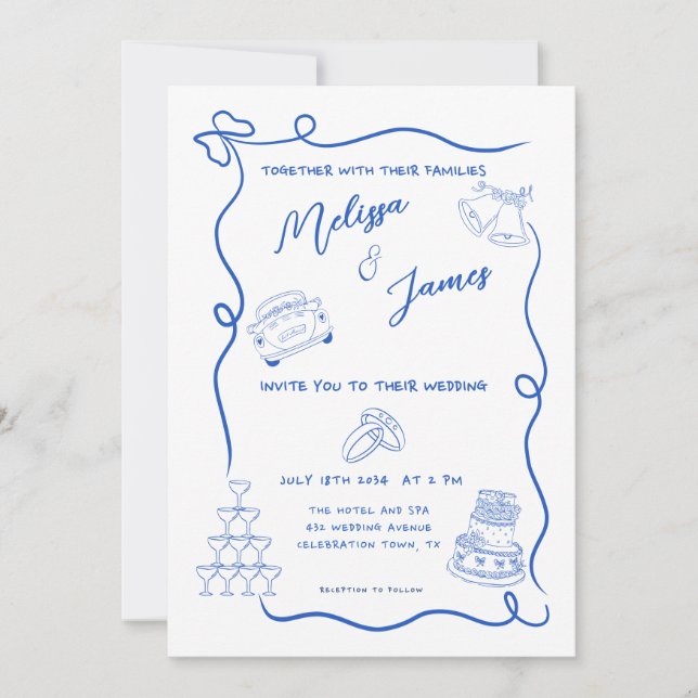 Invitation Main Whimsical Tirée Bleu Mariage Quirky (Devant)