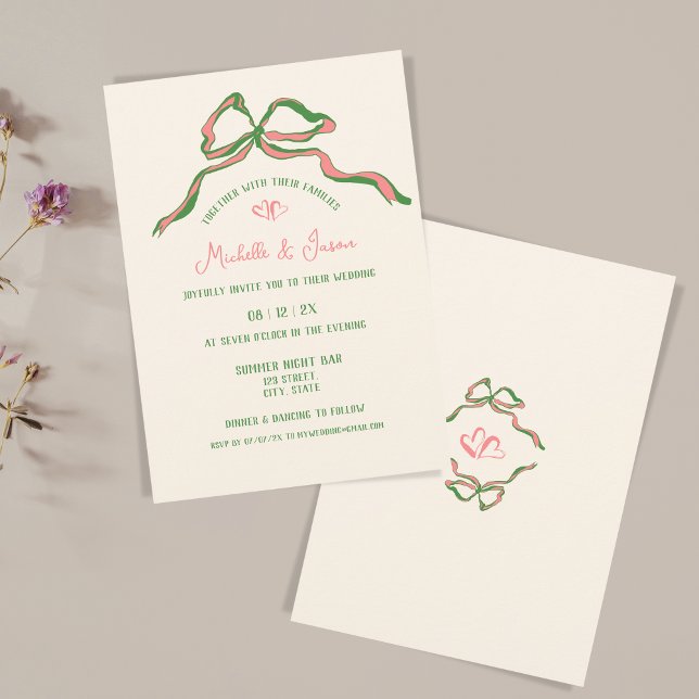 Invitation Main Whimsical Tirée Contemporaine Rétro Français  (green and pink hand drawn illustration with a bow and two hearts)