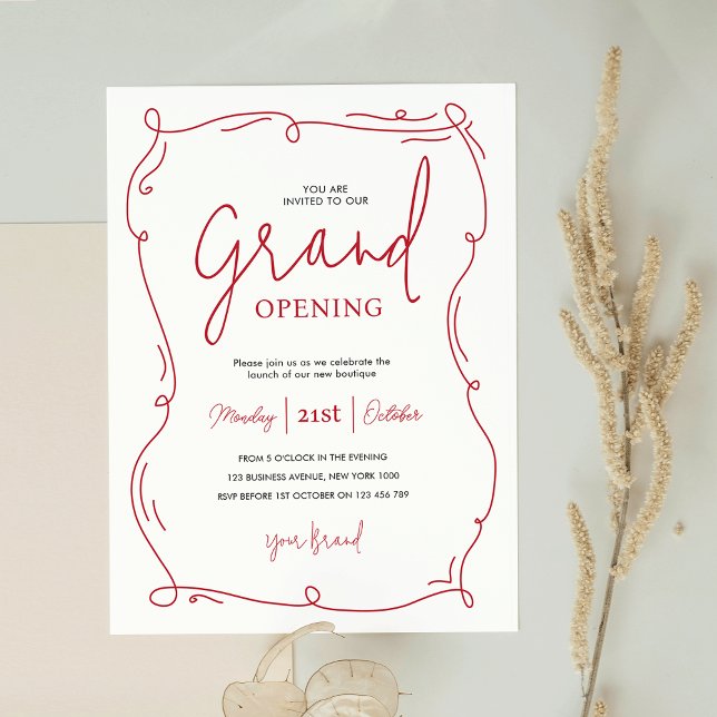 Invitation Main Whimsical Tirée Moderne Grande Ouverture (Elegant whimsical business opening event invitation in white and red with hand drawn frame)