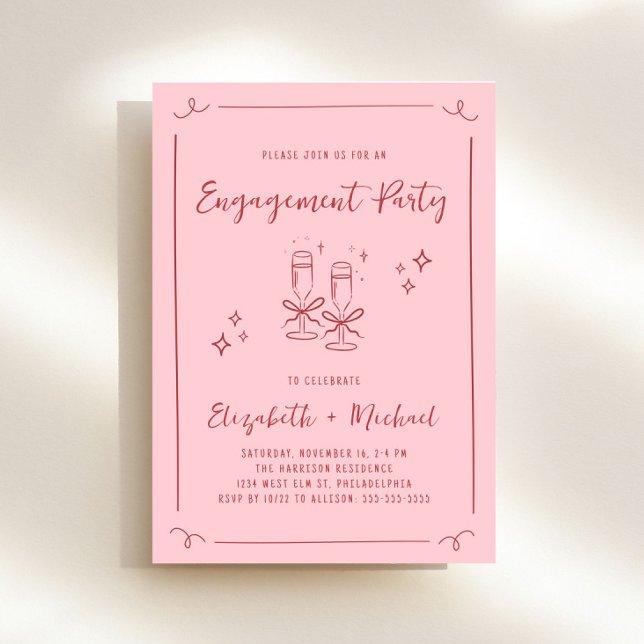 Invitation Main Whimsical tirée rose rouge Parti d'engagement (Whimsical pink + red engagement party invitation to set the tone for an unforgettable event)