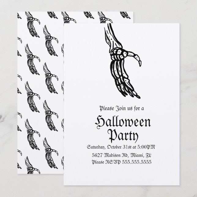 Invitation Mains de squelette élégantes pour la fête d'annive (Devant / Derrière)