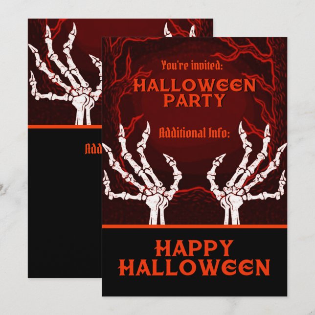Invitation Mains de squelette orange (Devant / Derrière)