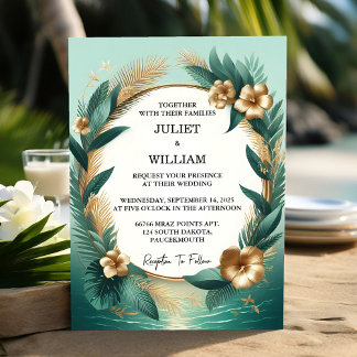 Invitation Maintenant Wreath Palm Tree Beach Mariage Vert Et