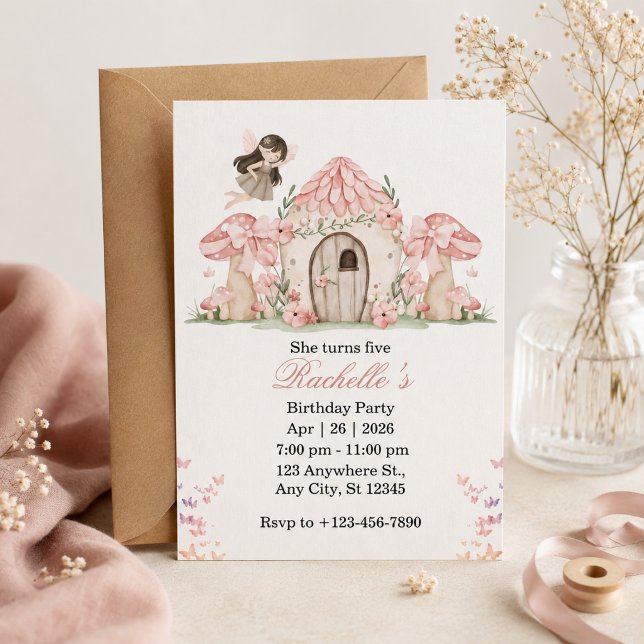 Invitation Maison Champignon Fée Aquarelle Anniversaire  (Créateur téléchargé)