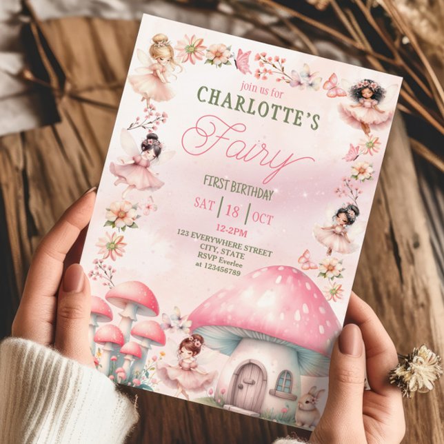 Invitation Maison Champignon Fée Rose Anniversaire Premier (Créateur téléchargé)