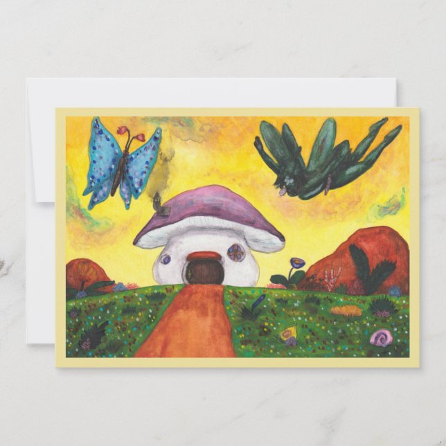 Invitation Maison Champignon Papillon Fée Fantastique Aquarel (Devant)