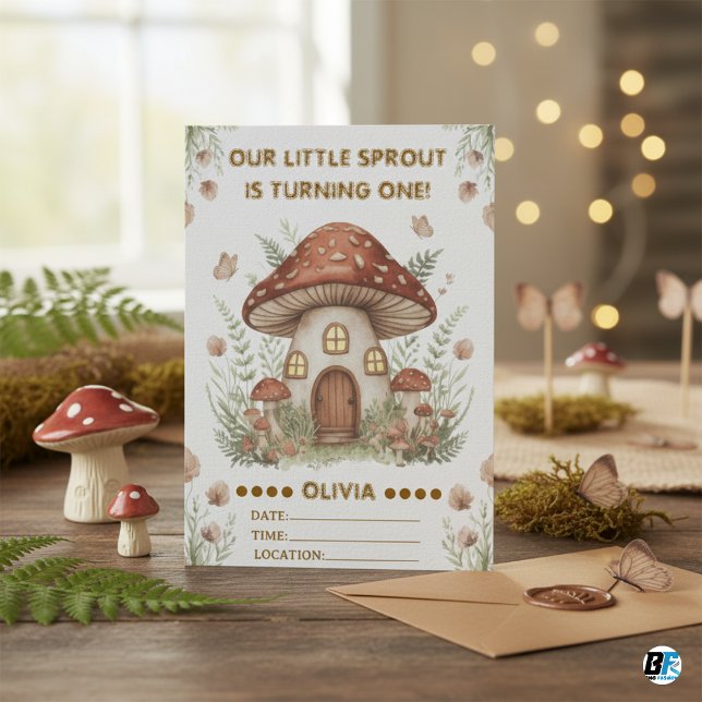 Invitation Maison Champignon Petite Pousse Boisée 1er Anniver (Créateur téléchargé)
