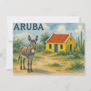 Invitation Maison cunucu jaune d'Aruba à l'aquarelle avec âne