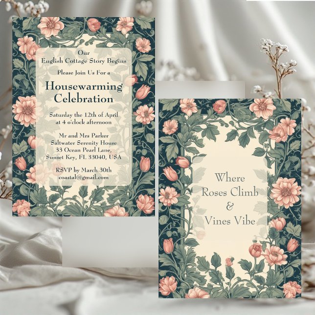 Invitation Maison de Campagne Anglaise William Morris Jardin  (English Cottage William Morris Garden Housewarming Invitation)