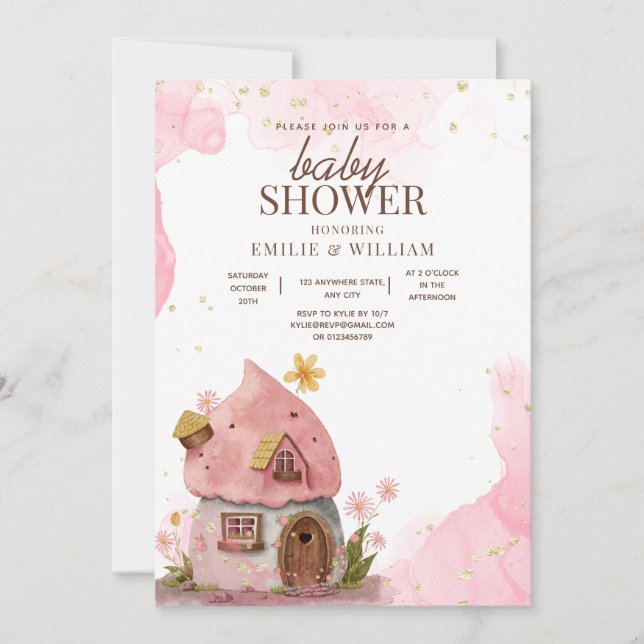 Invitation Maison de champignons roses Baby shower de bois (Devant)