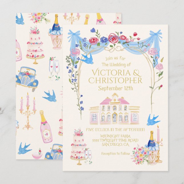 Invitation Maison de Château Français Mariage Fantaisiste (Devant / Derrière)