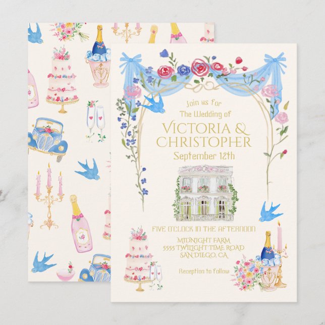 Invitation Maison de Château Français Mariage Fantaisiste (Devant / Derrière)