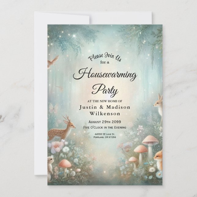 Invitation Maison de forêt enchantée Teal et pêche pour penda (Devant)