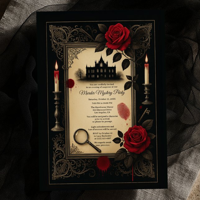 Invitation Maison de l'Énigme du Meurtre de la Rose Rouge Got (Gothic Red Rose Murder Mystery Mansion Party Invitation
)