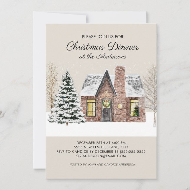 Invitation Maison de pin enneigée de Noël Dîner d'hiver (Devant)