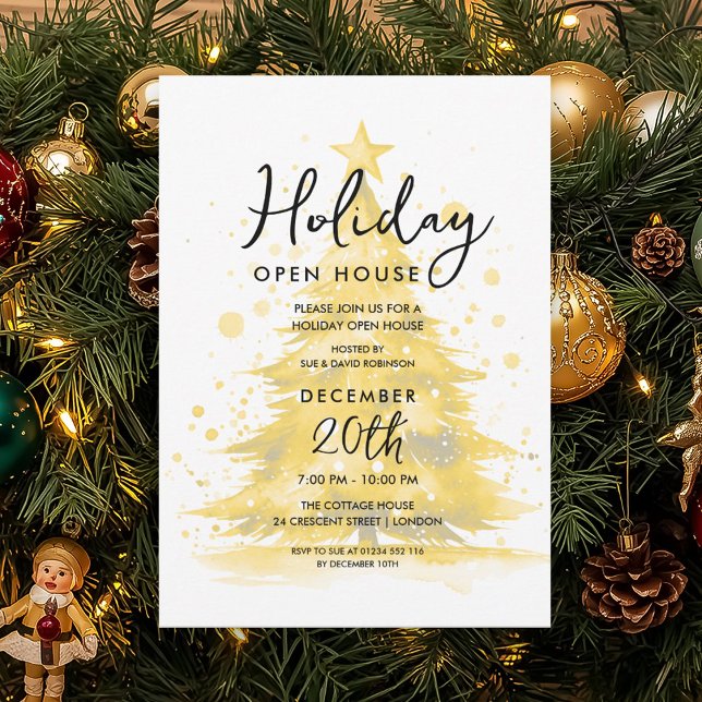 Invitation Maison de vacances élégante Arbre doré peint à la  (Elegant Holiday Open House Gold Hand Painted Tree Invitation)