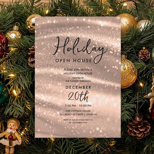 Invitation Maison de vacances élégante Rose Gold Sparkle Glam (Elegant Holiday Open House Rose Gold Sparkle Glam Invitation)
