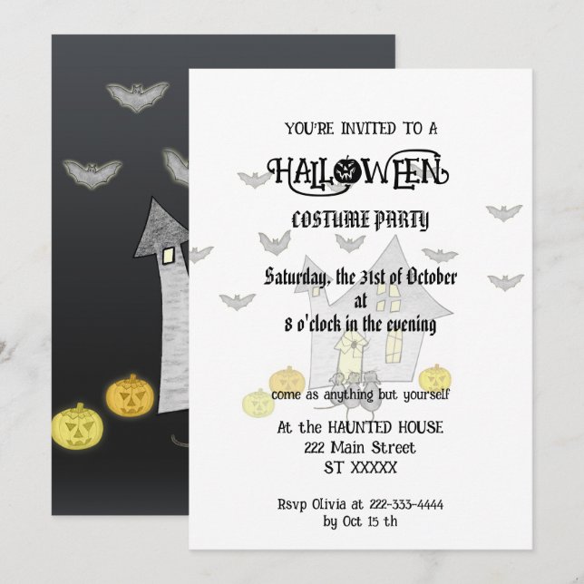 Invitation Maison d'Halloween, Chats noirs, Chats, Chauves-so (Devant / Derrière)